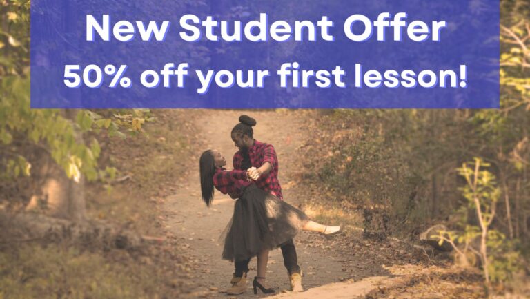 50% off your first lesson! couple dancing in woods